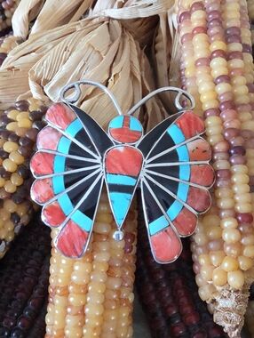 Vintage Native American Zuni Inlaid Gemstone Butterfly Pendant By Sara Edaakie🦋